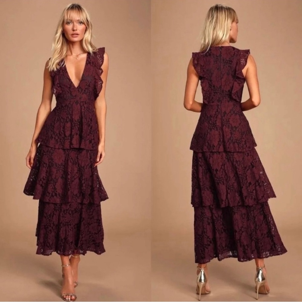 Burgundy Molinetto Lace Ruffled Tiered Maxi Dress 🌿